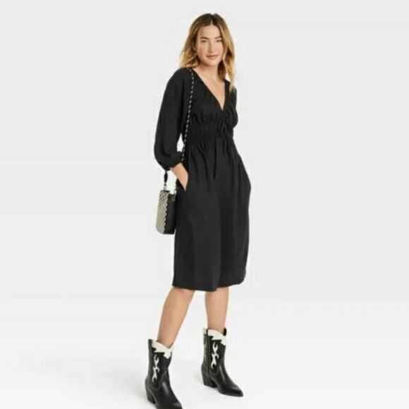 UNIVERSAL THREAD BLACK V NECKLINE TIE FRONT MIDI DRESS NWT SIZE XS - Picture 9 of 9